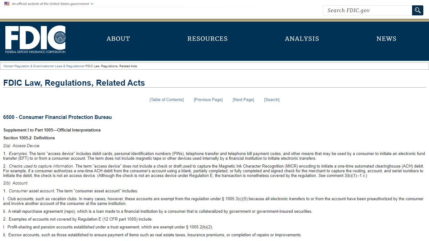 FDIC Law, Regulations, Related Acts - Consumer Financial Protection Bureau